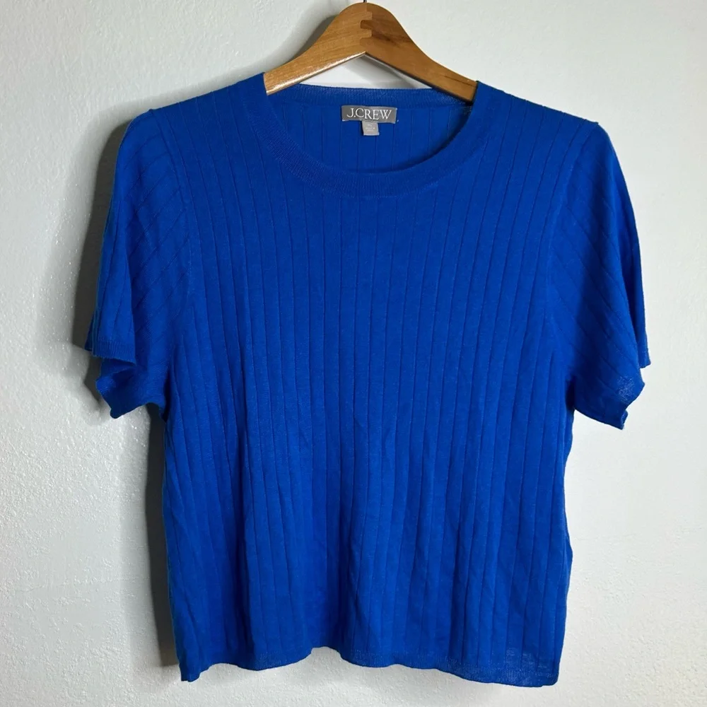 J. Crew Silk Cashmere Blend Ribbed Royal Blue Knit T- Shirt Top
